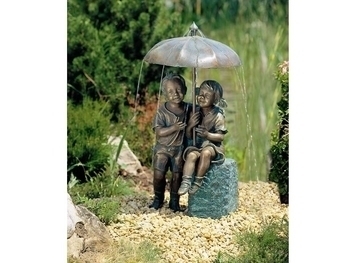 Pond Statuary - Sitting Boy and Girl with Umbrella Fountain