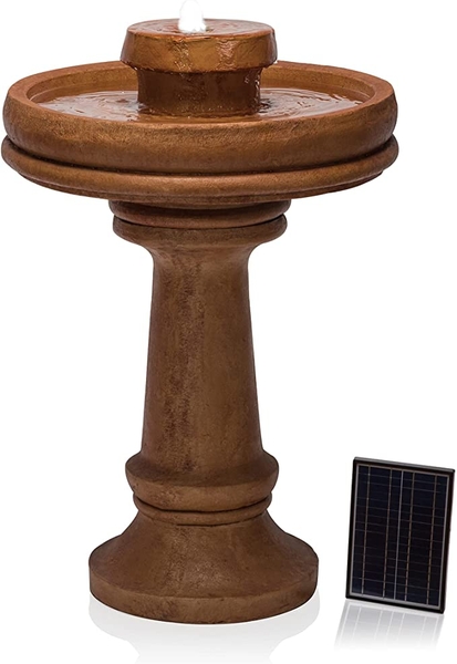 Birdbath Pedestal Fountain with Solar-Powered LED Lights | Alpine