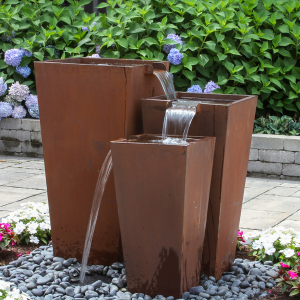 Triple Corten Steel Rusted Urn Kit | Metal and Brass Fountains